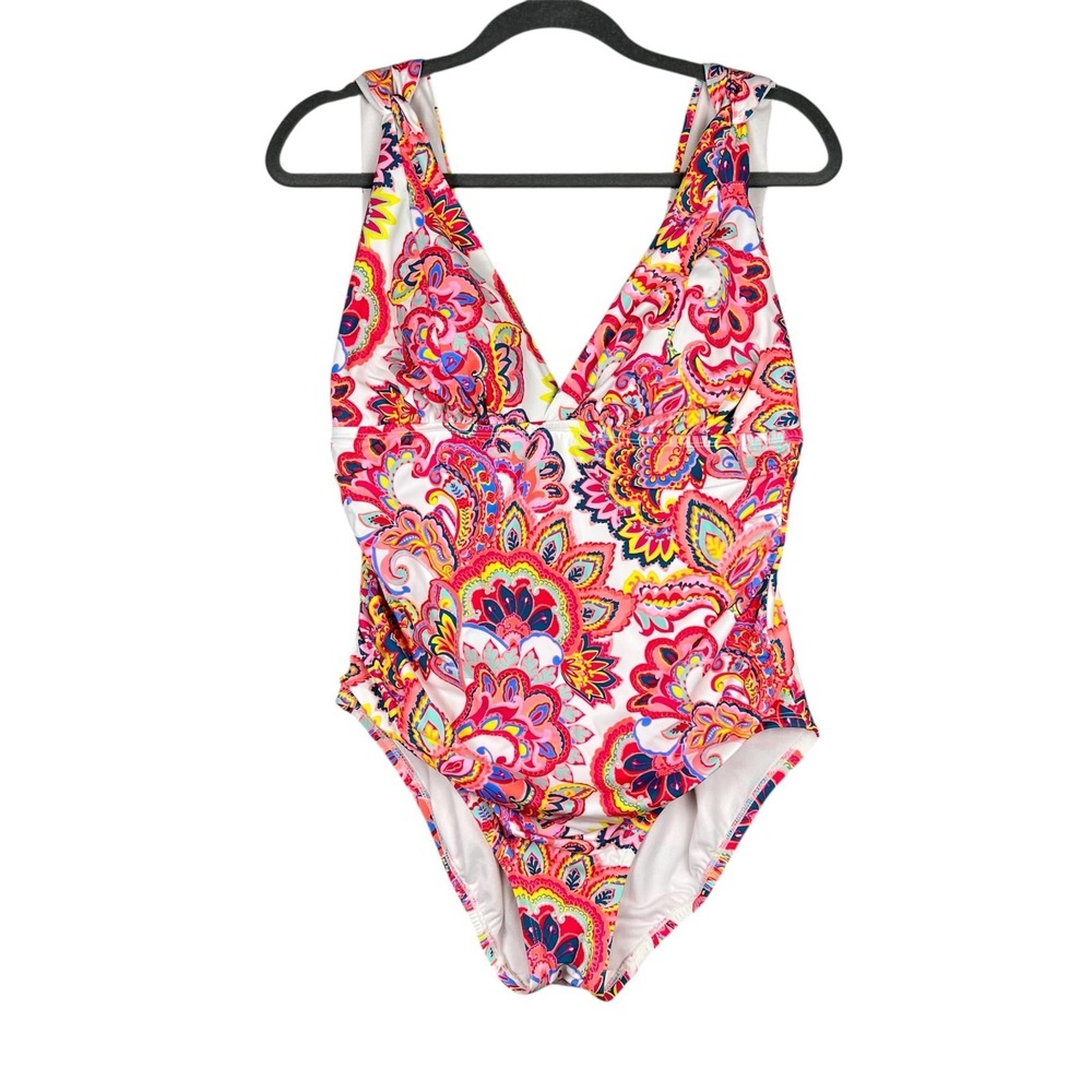 Swimsuit One Piece Womens Size L‎ 12-14 Bright Floral Ruched Sides Knotted Strap